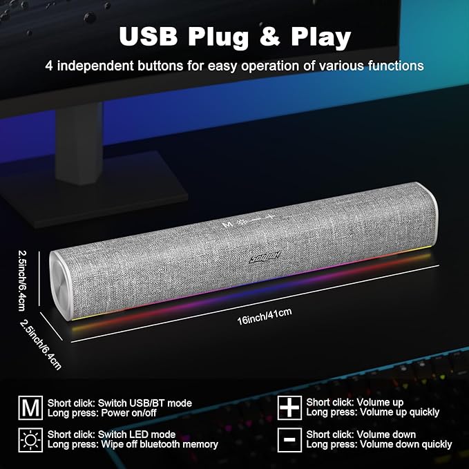 SOULION R100 Bluetooth Computer Speakers with Dynamic LED Light, USB Plug & Play PC Speakers with Switch Button, Clearly Sound Soundbar for Desktop Laptop Monitor White (USB-C to USB Adapter Included)