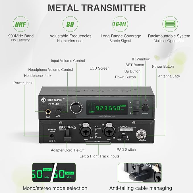 Phenyx Pro Wireless in Ear Monitor System, True Stereo UHF IEM, in Ear Monitors for Musicians, Metal Stage Monitor w/ 89 Frequencies, Rack Mount, for Studio/Band (2 Bodypacks with Transmitter)