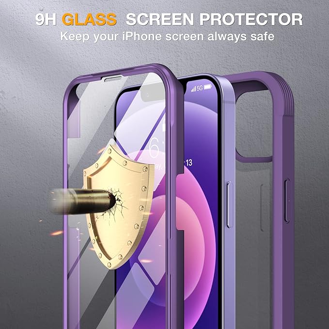 Miracase Glass Series for iPhone 12/12 Pro Case 6.1 inch, Upgraded Full-Body Rugged Phone Bumper Case Cover with Built-in 9H Tempered Glass Screen Protector and Camera Protector, Purple