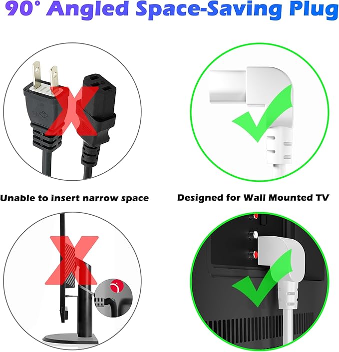 Adoreen 6 Ft Computer TV Replacement Power Cord White, 90 Degree Angled L-Shaped 18AWG 3-Prong AC Universal Power Supply Cable NEMA 5-15P to IEC 320 C13 for Printer, PC, Monitor TV LCD, ETL+Ties