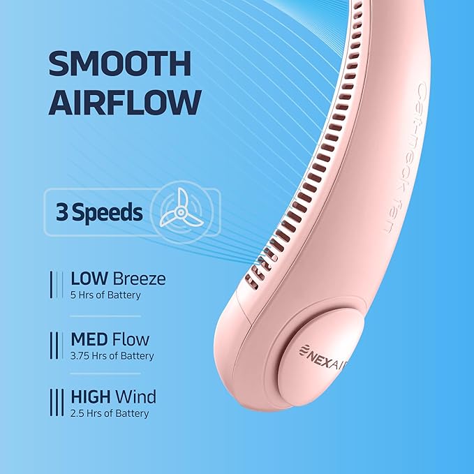 Portable Neck Fan -3 Speed Rechargeable Bladeless Neck Cooler, Pink Comfortable Lightweight, Personal Neck Fan For Women & Men Modern Design, Great Cooling Fan For Travel, Outdoors & Sports