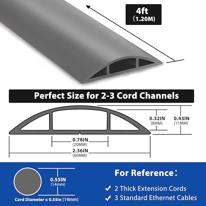 4ft Cord Cover for Wires on Floor, Grey Extension Cable Management, Hide Electrical Hider Protector, Cable Cavity: 0.78" W x 0.32" H