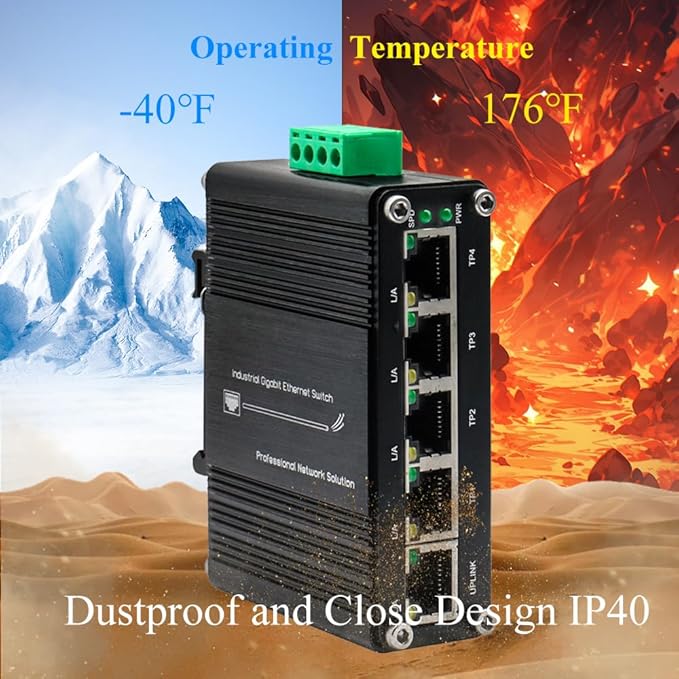 Mini 5 Port Industrial Gigabit Ethernet Switch, Unmanaged Hardened Network Switch, 12-48VDC Wide Power Input, DIN-Rail or Wall Mount, Plug and Play, Outdoor Rated, Rugged Metal Case