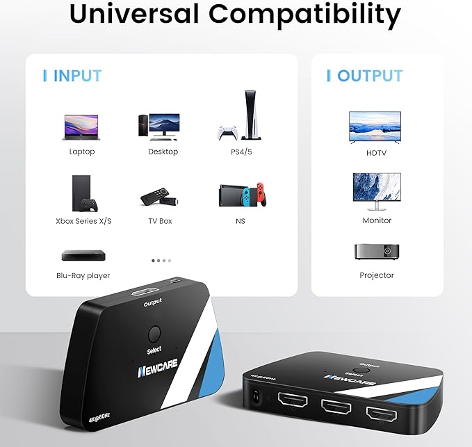 NEWCARE 8K HDMI Switch 3 in 1 Out, HDMI 2.1 Switch with Remote, HDMI Splitter 4K@120Hz Support 8K@60Hz HDCP2.3 HDR10+ VRR ALLM Dolby, HDMI Switcher Compatible with TV PS5/4 Xbox Laptops PC Projector