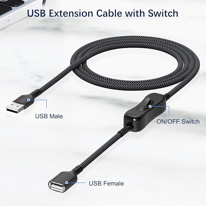 Itramax USB On Off Switch Cable 3.3FT,Inline USB Power Switch USBA Male to Female Extension Cord with Switch Upgraded Toggle Cable for PC,TV,Carplay,LED Strip,Desk Lamp,Fan,Light