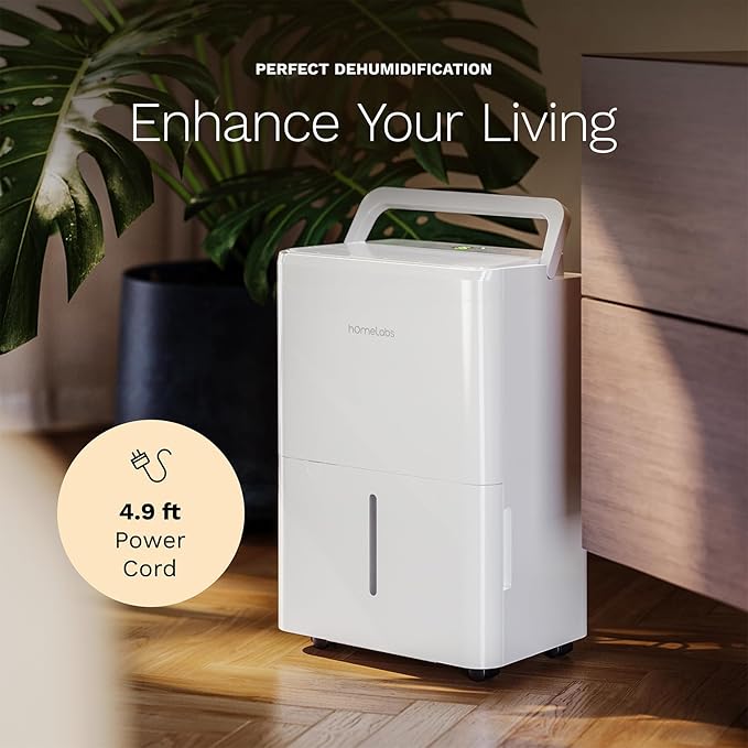 hOmeLabs 8 Pint Wi-Fi Dehumidifier for up to 1,800 Sq Ft Rooms (MAX 24 Pint at 95°F, 90% RH) – Ultra Quiet, Compact Design with Smart Controls and Drain Hose