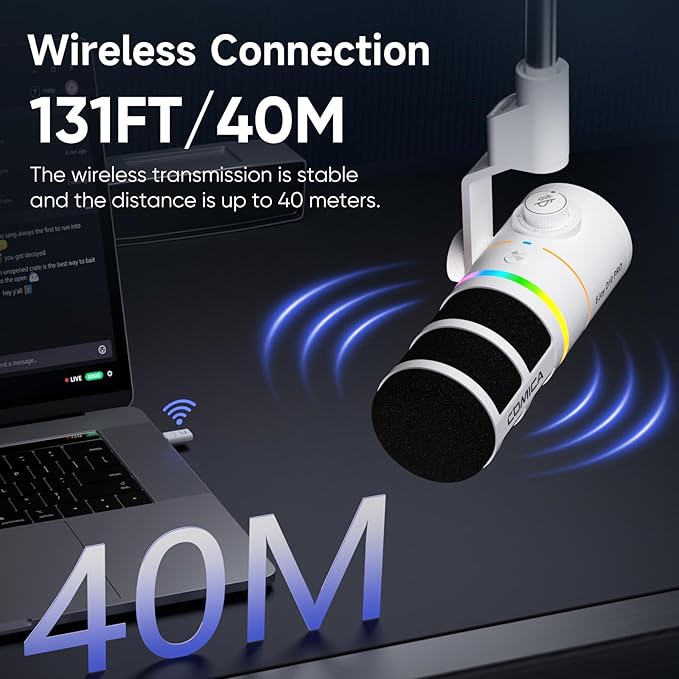 EJoy D10 PRO(D) Wireless USB Gaming Microphone – RGB Dynamic Mic with Wired/Wireless Modes, XLR/USB-C, Real-Time Monitoring, 45H Battery, Studio Mic for Gaming, Streaming, Podcast, Recording (White)