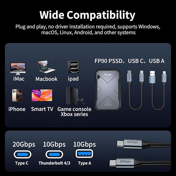 2TB Portable SSD, Up to 2050MB/s, USB 3.2 Gen2 USB-C, IP68 Water & Dust Resistant, Shockproof, External Solid State Drive for Smart TV, Cameras, iPhone 16/15, Windows, Mac and Other Devices (FP90)