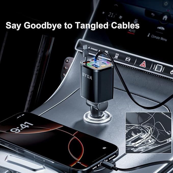 4 in 1 Retractable Car Charger,69W Car Charger USB C,Cigarette Lighter Adapter,Fast Charging for iPhone 16e/16/15/14,13,Samsung Galaxy,iPad,Pixel (Gray, for Dual Cord USB-C)