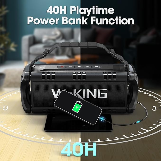 W-KING Bluetooth Speaker, 90W Max Loud Portable Speakers Bluetooth Wireless, IPX6 Waterproof Outdoor Speaker with 50W Deep Bass/2 Powerful Subwoofer/40H/Power Bank/EQ/TF/AUX/NFC for Pool/Party/Travel