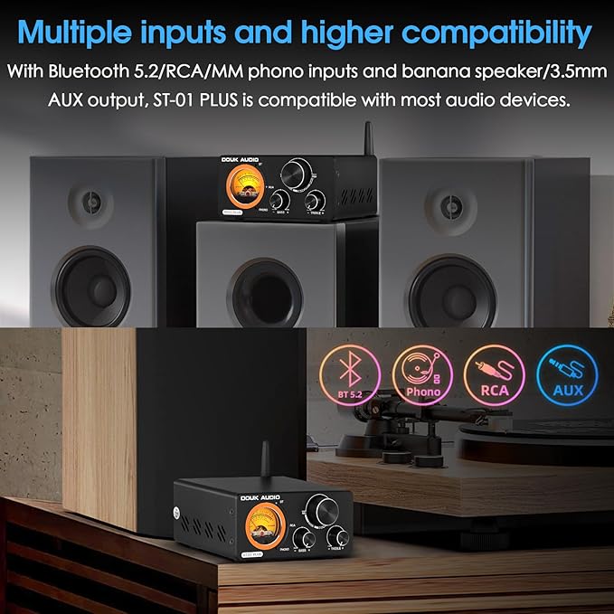 Douk Audio 2 Channel TPA3255 Bluetooth Amplifier 300W x2, Turntable Phono Amp with VU Meter, Treble Bass Control for MM Record Players, Home Theater Speakers (ST-01 Plus)