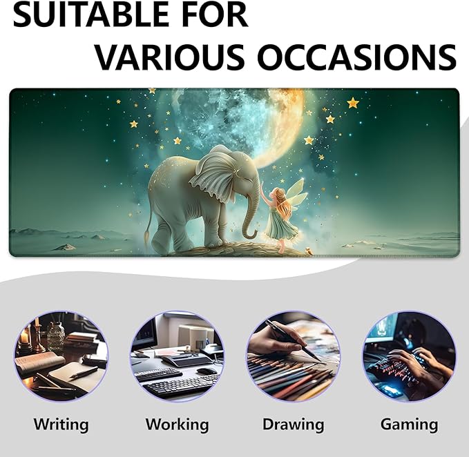 Fairy and Elephant Large Mouse Pad, Gaming Mouse Pad, Keyboard Mat, Non-Slip Rubber Base, Office Accessories, Desk Mat, MousePads for School, Work, Home Decor Gifts 31.5" x 11.8"
