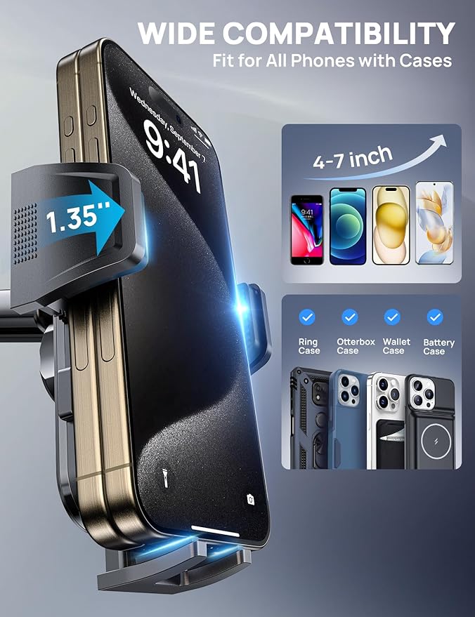 [2025 New] Dashboard Phone Holders for Your Car (+Vent Hook)[Military Grade Stable] Car Cell Phone Holder, Non-Slip Silicone Carbon Fiber Car Phone Mount, Rotatable Suction Cup for All Phone, Gray