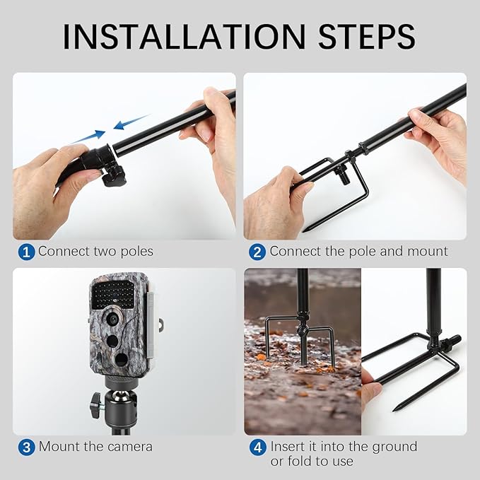 Trail Camera Mount,Height Adjustable (15.7"-28.3") & 360° Rotating Stake,Dual-Mode Base for Soft/Hard Ground Post,Game Cam Stand with 1/4"-20 Thread, Metal pole for Solar Panels,Hunting,Wildlife