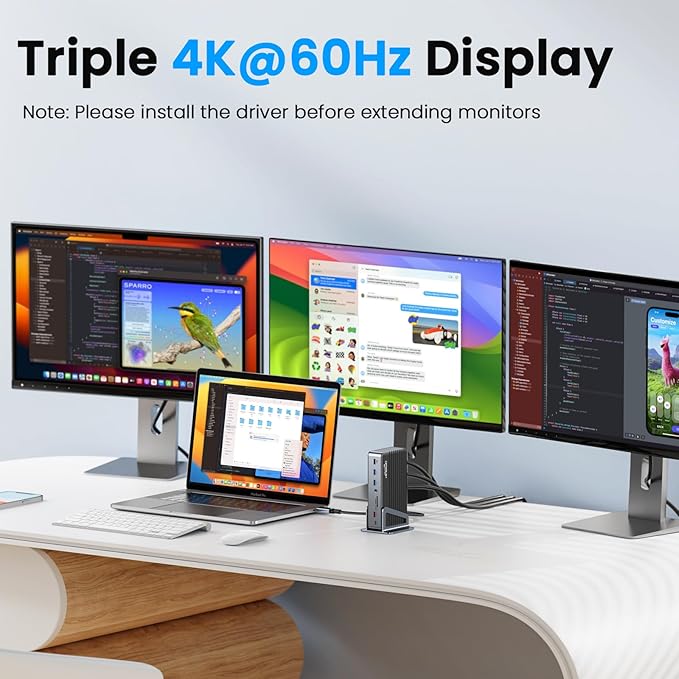 DisplayLink Docking Station Triple 4K@60Hz Monitor with 120W Power Adapter, Laptop Dock for Thunderbolt 5/4/3, USB C M1/M2/M3/M4 MacBook/Windows(Single 8K)/Chrome(3 HDMI, 2 DP, 6 USB, Ethernet)