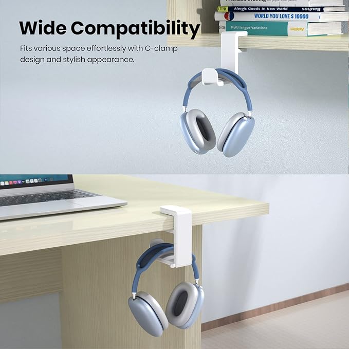 EURPMASK PC Gaming Headset Stand - Adjustable Clamp-on Headphone Holder, 360 Degree Swivel & Cable Clip Organizer - White