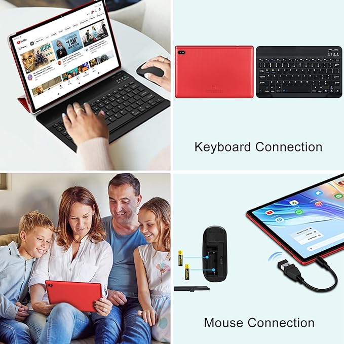 Android 14 Tablet 10 Inch Tablets, 20GB+128GB/1TB Expandable, Tablets with Octa-Core, WiFi 6, Dual Camera, BT 5.0, 6000mAh Battery, HD IPS Display, Widevine L1, Tablet with Keyboard Mouse - Red