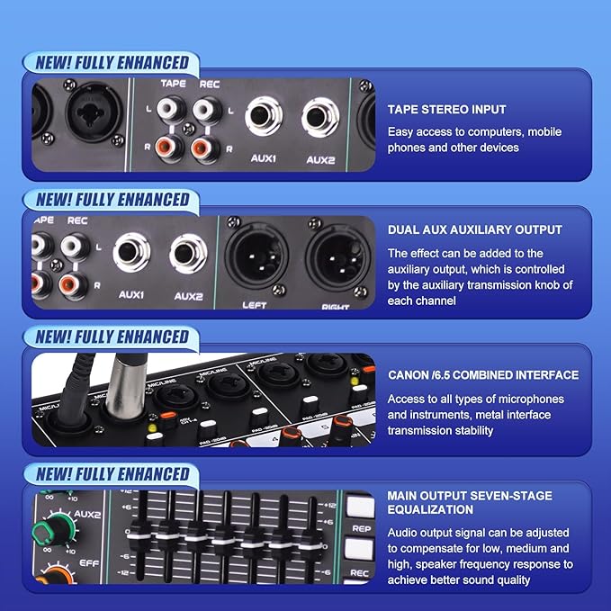 GF12 Multifunction 12 Channel Audio Mixer Stage Performance Mixer Isolated Independent Mute Built-in 7 Level Equalizer and 99 Reverb DJ Mixer for Stage Performance/Karaoke/DJ Music