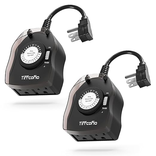TiFFCOFiO Outdoor Timer Outlet for Lights, 24 Hour Mechanical, Outdoor Light Timer Waterproof, 2 Grounded Outlets for Home and Garden, 15A 1/2HP, Heavy Duty, CSA Listed (2 Pack)