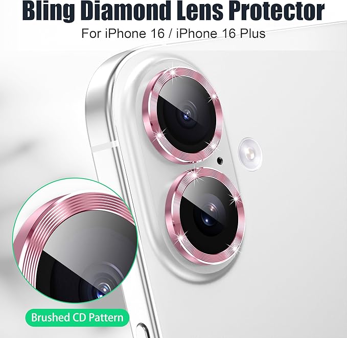 AGVEE 3+3 6 Pack for iPhone 16 6.1" / 16 Plus 6.7" Camera Lens Cover Protector, Bling Glitter & CD-Textured Metal Ring 9H Tempered HD Glass Camera Cover Protector Film, Glitter-Pink