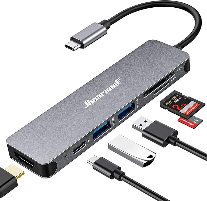 Hiearcool USB C Hub, USB-C Multi-Port Adapter for MacBook Pro, 7IN1 USBC to HDMI Hub Dongle Compatible for Laptops and Other Type C Devices (4K HDMI USB3.0 SD/TF Card Reader 100W PD)