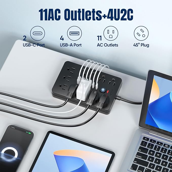 15 FT Flat Plug Surge Protector Power Strip,11 Multiple AC Outlets with 6 USB Ports (2 USB C), 15 Feet Extension Cord, 1250W/10A, One Touch Switch Button, 17 in 1 Compact powerstrip