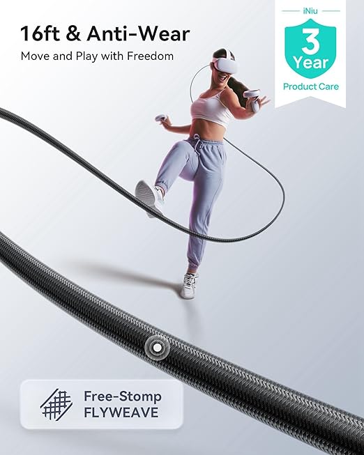 INIU Link Cable 16ft with Charging Port, VR Cable for Meta Oculus Quest 3s Quest 3 2 Pro, Pico 4, PC VR, Steam VR, High Speed USB 3.0 Data Transfer USB C Cable, Charger Cord for VR Headset Accessories
