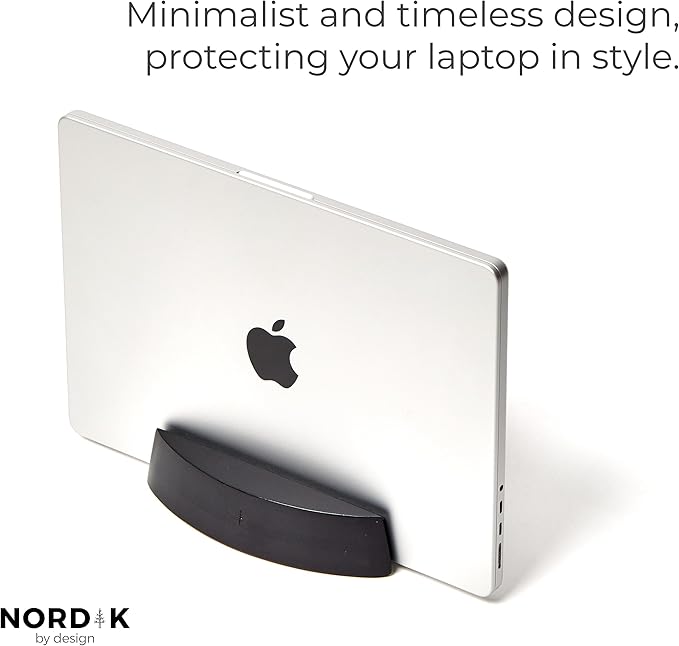 Nordik Vertical Laptop Stand - Black - Premium Laptop Dock and Holder for Home Office, Software Engineers - Space Saving Desk Dock for Mac Users and Laptop Users - Stable Non-Slip Wood Stand