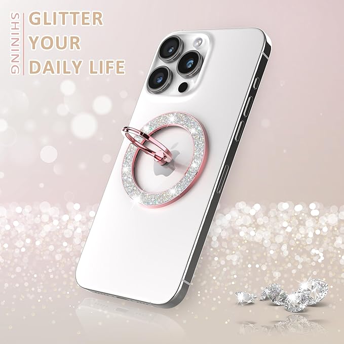 Magnetic Phone Ring Holder for MagSafe, Magnetic Phone Grip for iPhone, Compatible with iPhone MagSafe Wireless Charging. (Glitter Rose Gold)