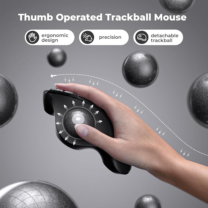 seenda Wireless Trackball Mouse Ergonomic - Bluetooth Rollerball Mouse Rechargeable, Multi Devices Connection Thumb Control Mice Compatible for Mac/Android/Windows Computers - Black