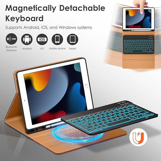DTTO for iPad 9th/8th/7th Generation 10.2" Case 2021/2020/2019 with Keyboard, 7 Colors Backlit Wireless Detachable Keyboard Premium Leather Folio Cover with Pencil Holder & Pocket, Black Brown