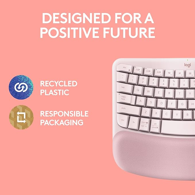 Logitech Wave Keys Wireless Ergonomic Keyboard with Cushioned Palm Rest, Comfortable Natural Typing, Easy-Switch, Bluetooth, Logi Bolt Receiver, for Multi-OS, Windows/Mac - Rose