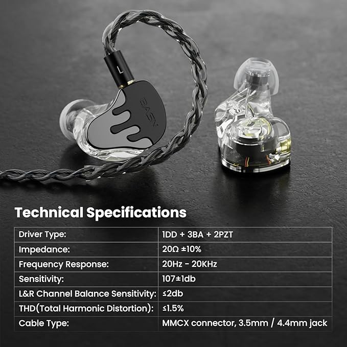 BASN BmasterX in Ear Audio Monitor, Hybrid 6 Drivers IEM Earphones with Crystal Clear Sound, Detachable Cable Plus Carrying Case & Fit Kit for Musician, Stage, Studio (3.5mm/4.4mm Jack, Black/Silver)