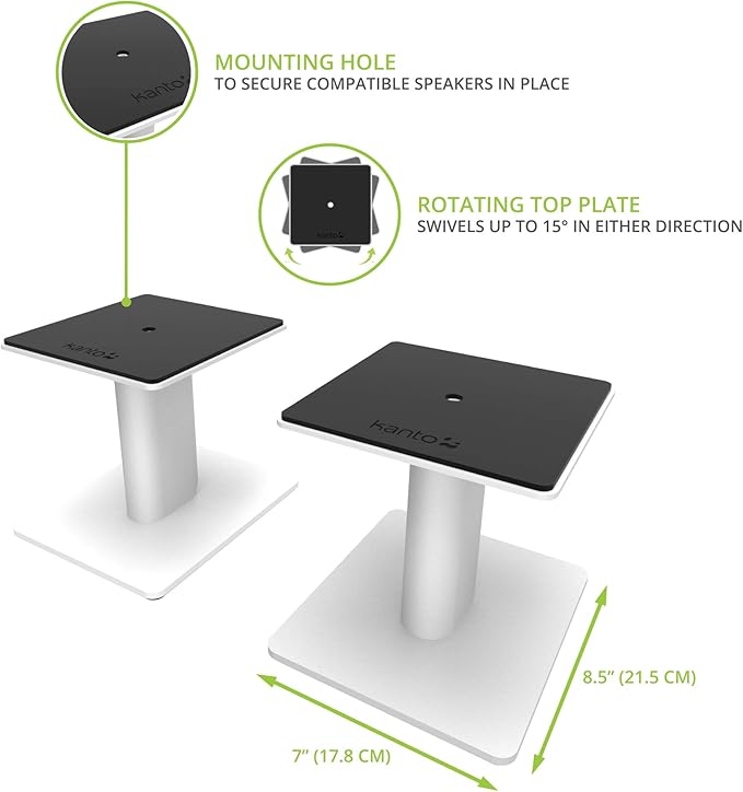 Kanto SP6HD Desktop Speaker Stands for Medium/Large Bookshelf Speakers & Mid-Size/Full-Size 4”-7” Studio Monitors | 6" Tall | White | Pair