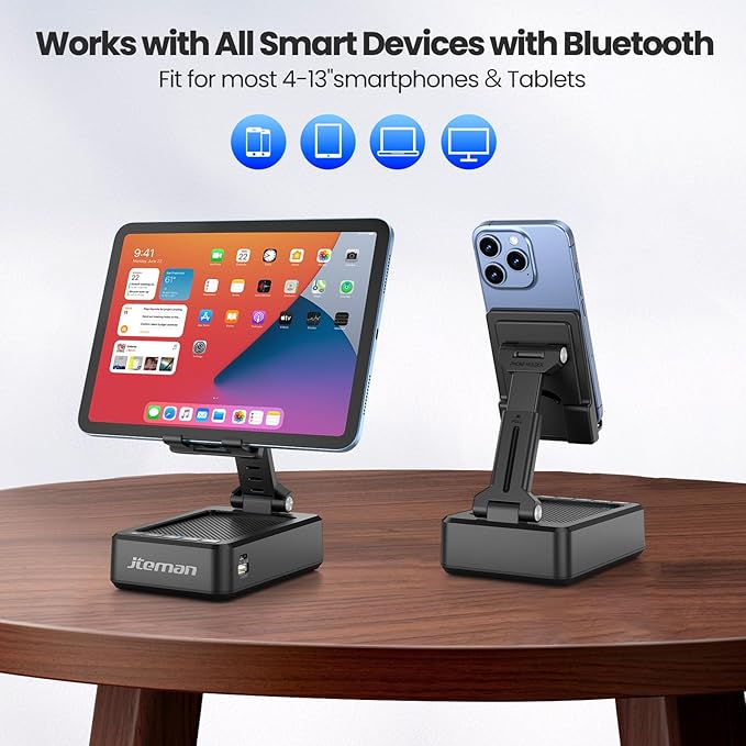 JTEMAN Cell Phone Stand with Bluetooth Speaker and Charging Function,Bluetooth Audio Power Bank Bracket,Birthday Gifts for Men Women,Kitchen Gadgets for Most Phones and Tablets-Black