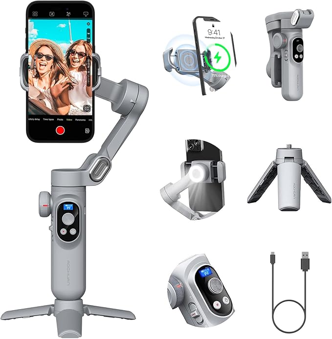 Professional Gimbal Stabilizer for Smartphone w/Wireless Charging OLED Display LED Light Focus Wheel, 3-Axis Phone Gimbal Stabilizer for iPhone 15 14 13 12 Pro/Max/Xs Galaxy S23-AOCHUAN Smart X Pro
