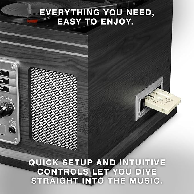 Victrola The Quincy 6-in-1 Bluetooth Record Player & Multimedia Center with Built-in Speakers – 3-Speed Turntable, CD & Cassette Player, AM/FM Radio, Wireless Music Streaming (Grey Wood)