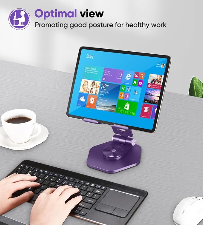 Foldable Aluminum Tablet Stand for Desk, 360° Swivel iPad & Tablet Holder – Portable & Stable Desktop Mount for 5–12.9in Devices, Purple
