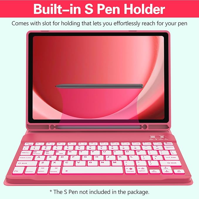 Keyboard Case for Samsung Galaxy Tab A9 Plus 5G 11 inch 2023 (SM-X210/X216/X218), 7 Color Backlit Detachable Keyboard Bluetooth, Smart Folio Cover with S Pen Holder for Galaxy Tab A9+ 11"(Dark Pink)