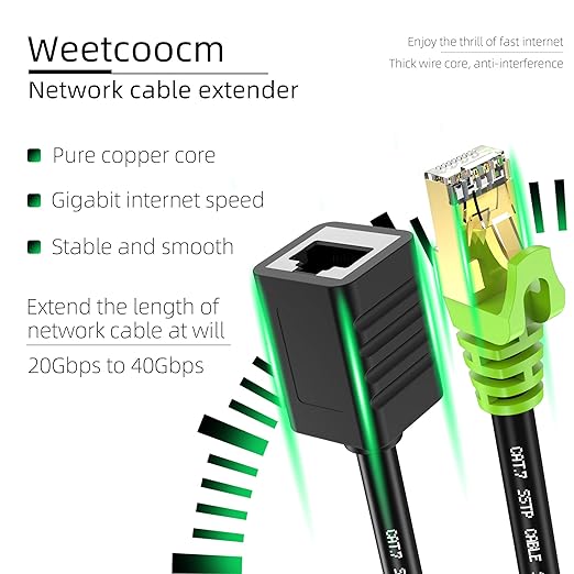 Ethernet Extension Cable 20ft, Network Cat6a Extension Patch Cable RJ45 Cords Shielded Male to Female Connector (20FT)