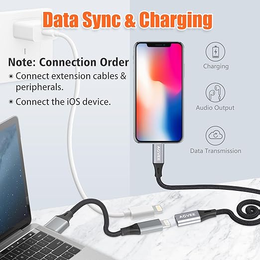 AGVEE 4 inch Lightning Extension Cable, Braided Female to Male Extender Full Function Cord Compatible with iPhone iPad, Data Sync Video Audio & Charging Connector Adapter, Dark Gray