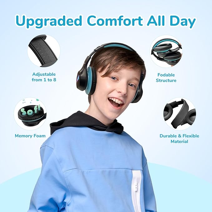 EarFun K4 Kids Bluetooth Headphones, Wireless Headphones with LED Lights, 74/85/94dBA Volume Limited, Built-in Mic, 90H Playtime, Bluetooth 5.4 Over Ear Headphone for iPad/Tablet/School, Dark Black