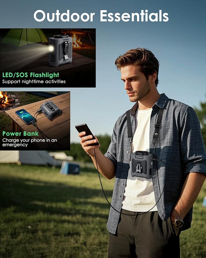 Portable Waist Fan Clip on, Personal Wearable Belt Fan 10000mAh Rechargeable Battery Under Shirt,5 Speeds with light, Neck Fan Hands-Free Cooling For Outdoor Camping Travel (Grey)