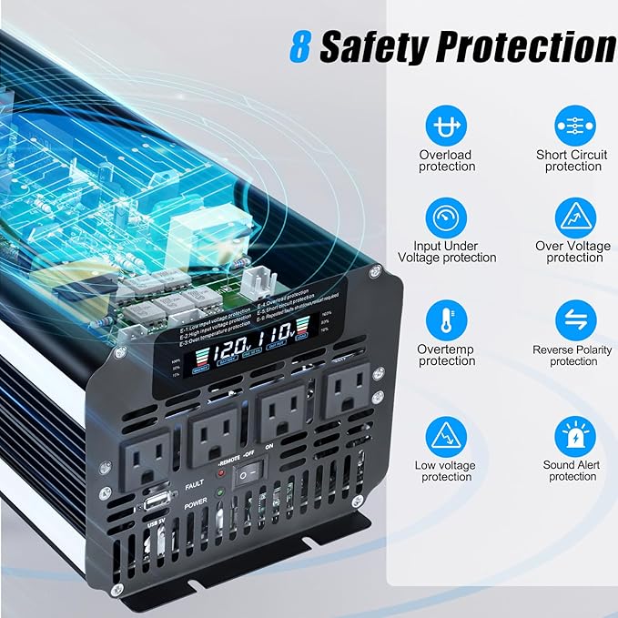 LVYUAN 4000 Watt Power Inverter 12V to 110V 120V for Vehicle, Solar Inverter System, Heavy Duty, RV, Truck, Off Grid,Camping with 4 AC Outlets, LCD Display, Wireless Remote Control, Car Power Inverter