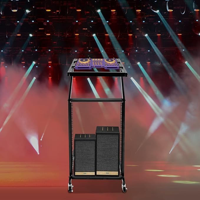 16U Professional DJ Stand Rack Mount DJ Mixer Stand Adjustable Stage Cart w/Wheel for Music Party Show Music Studios Performance Stages Concert Venues