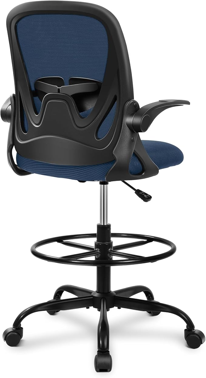 Drafting Chair, Tall Office Chair Ergonomic Standing Desk Chair,with Adjustable Footrest Ring, 3D Lumbar Support, Flip-up Armrests, Swivel Desk Stool for Drawing Working Navy
