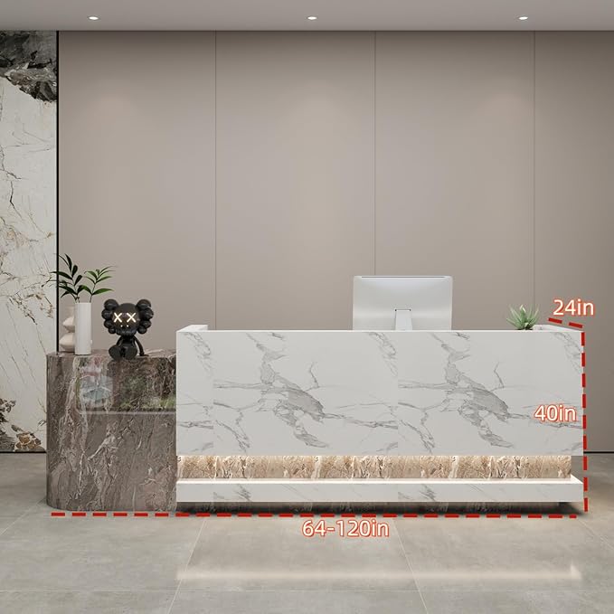 Front Desk Reception Counter - Lockable Storage & Keyboard Tray | Reception Desk with Counter, Customizable Large Counter Table (Grey+White, 84'')
