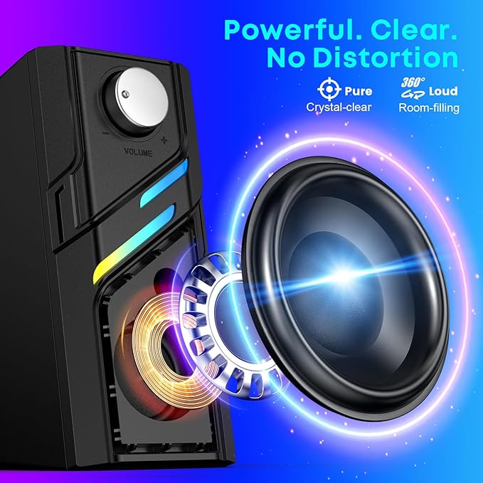 LENRUE Computer Speakers for Desktop PC with Easy Knob, Clear Powerful Sound, Touch Lights, Plug and Play for Computer Desktop PC, Monitors, Laptop (USB & AUX)