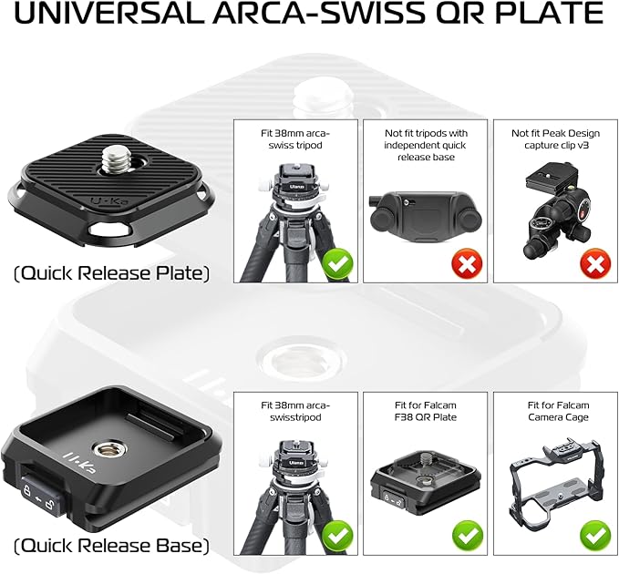 ULANZI UKA01 Quick Release Plate Kit, Arcac/F38 Interface Camera Quick Release Plate Mount Quick Setup w/ 1/4" to 3/8" Screw Thread Gimbles Sliders Tripods Adapter for Sony/Nikon/DJI/Fuji