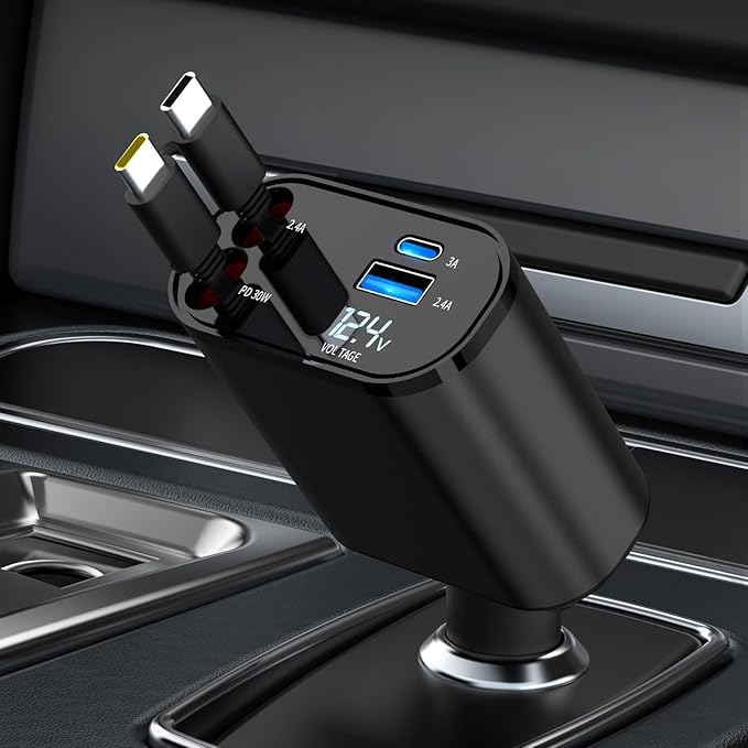 Retractable Car Charger Compatible with Galaxy Pixel, 4 in 1 Fast Charging Car Charger 60W, Double Type C Retractable Cable and 2 USB Ports